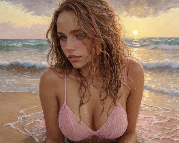 Young woman in pink bikini at serene ocean sunset