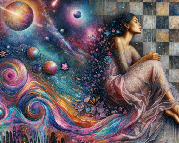 Dreamy Cosmic Scene with Serene Figure and Galaxies