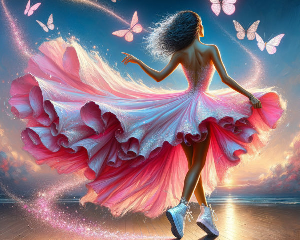 Dancer in Pink Dress Surrounded by Butterflies at Sunset