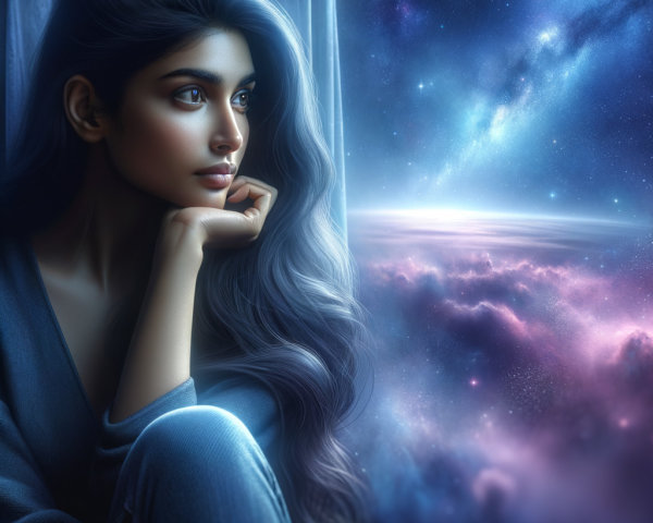 Young Woman Contemplating a Cosmic Galaxy Scene