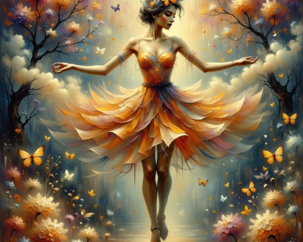 Dancer in Orange Dress Twirling in Whimsical Forest