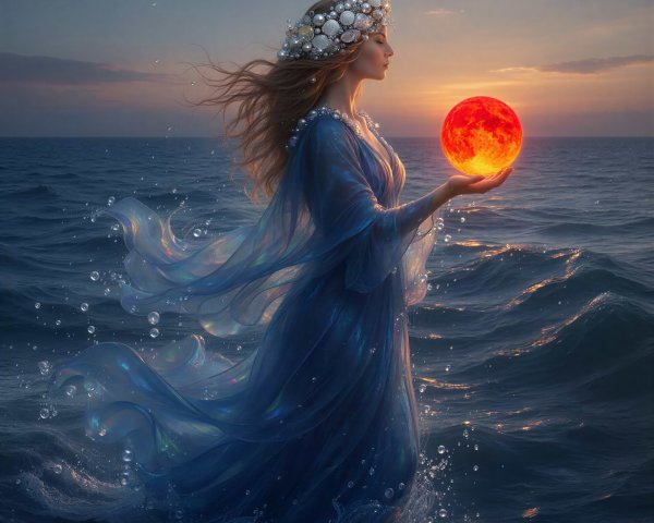 Woman in Iridescent Dress by Sunset and Sea