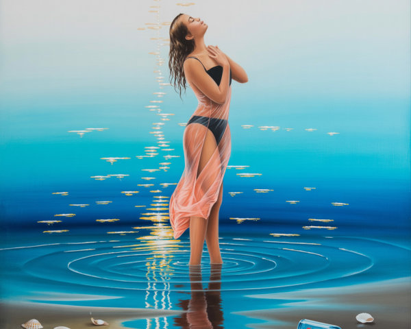 Woman in Sheer Dress Standing in Shallow Water