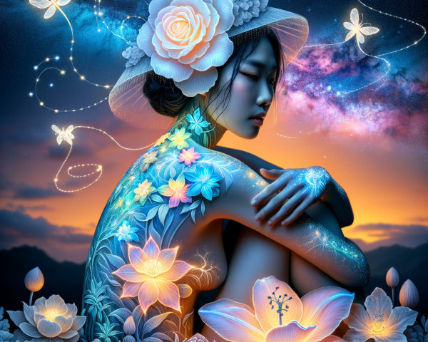 Serene figure with floral patterns against a sunset backdrop