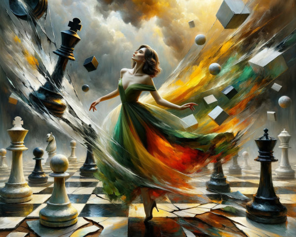 Woman in Colorful Dress on Chessboard with Pieces