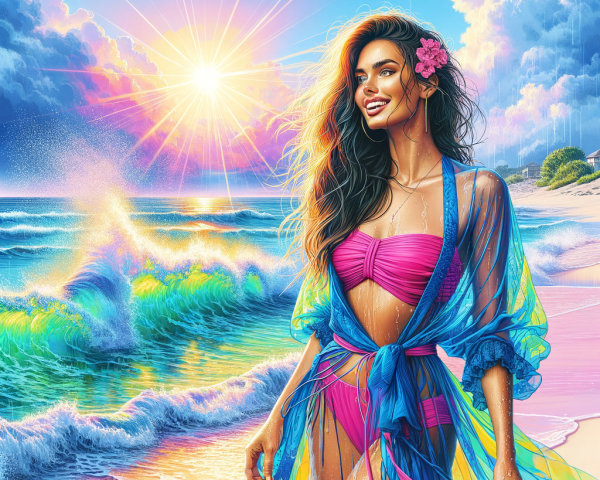Confident Woman in Pink Bikini on Sunlit Beach
