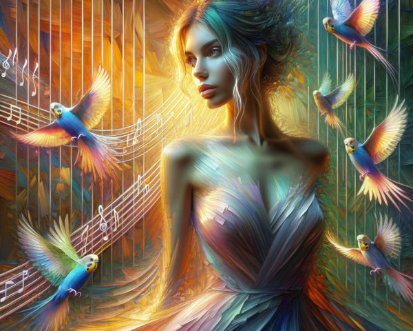 Ethereal Woman in Colorful Musical Nature Scene