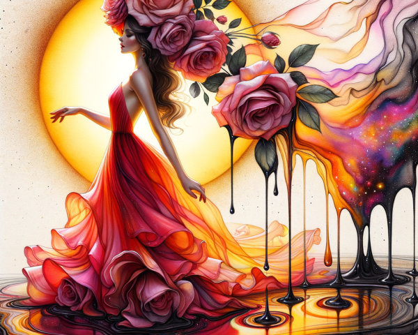 Graceful figure in red gown against golden sunset