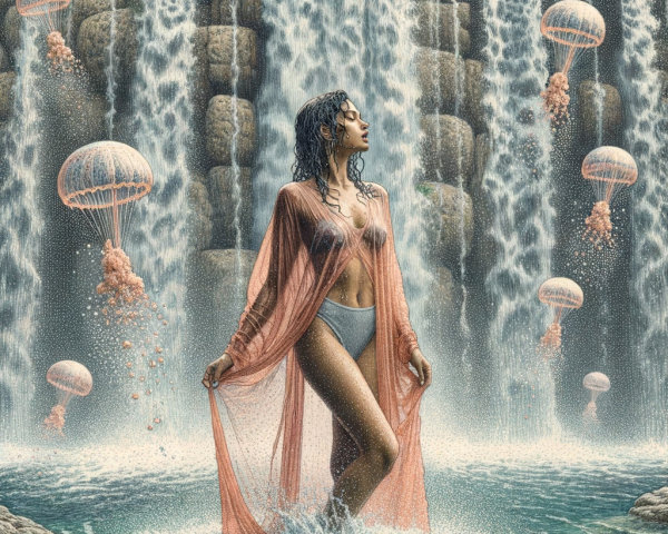 Woman in flowing robe by a serene waterfall with jellyfish