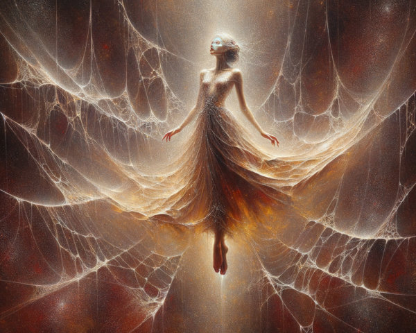 Mystical Figure in Ethereal Webs and Dreamlike Light