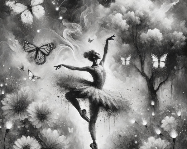 Ballerina in a Dreamy Black-and-White Landscape