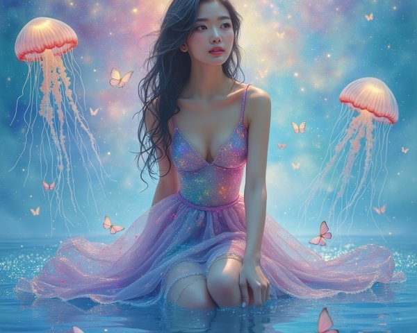 Young woman in serene waters with jellyfish and butterflies