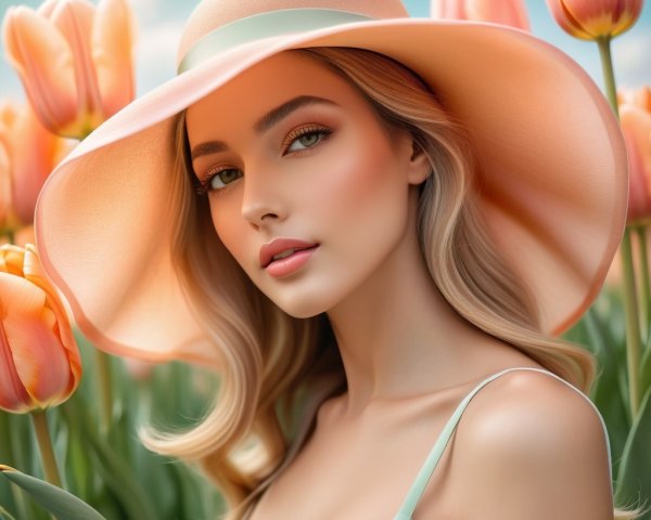 Young woman in peach hat among orange tulips