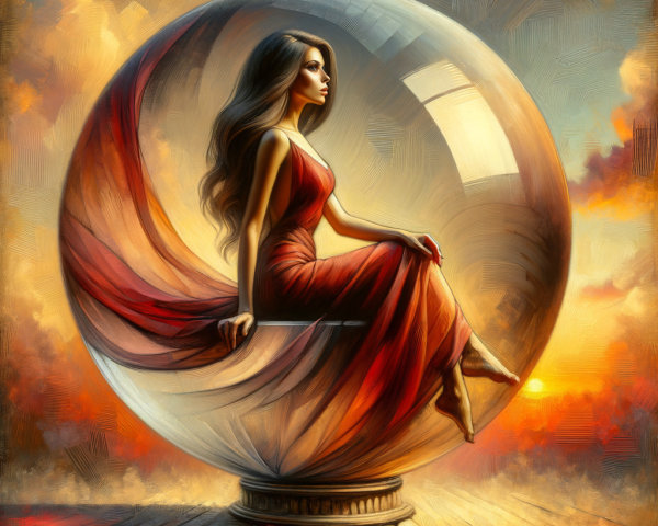 Digital Painting of Woman in Glass Orb at Sunset