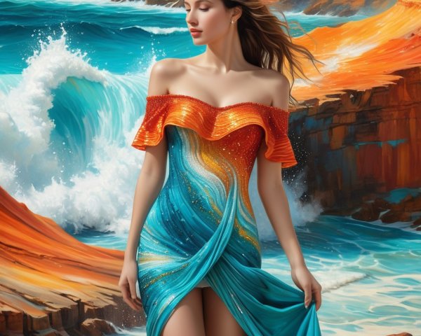 Elegant Woman in Vibrant Dress by Rocky Coastline