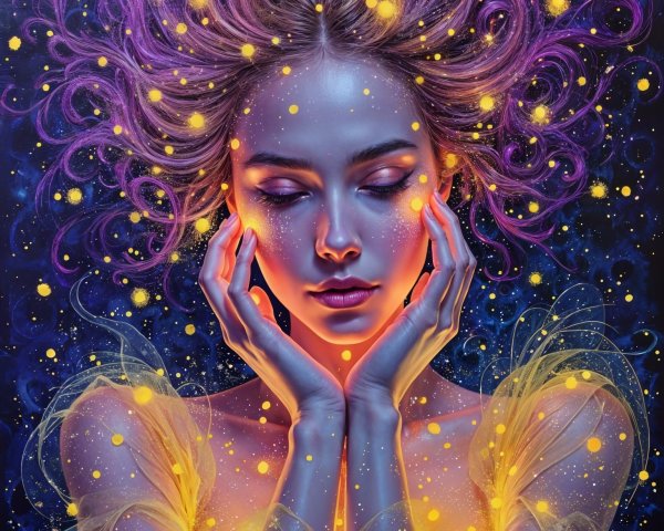 Dreamy Portrait of a Serene Woman with Cosmic Background