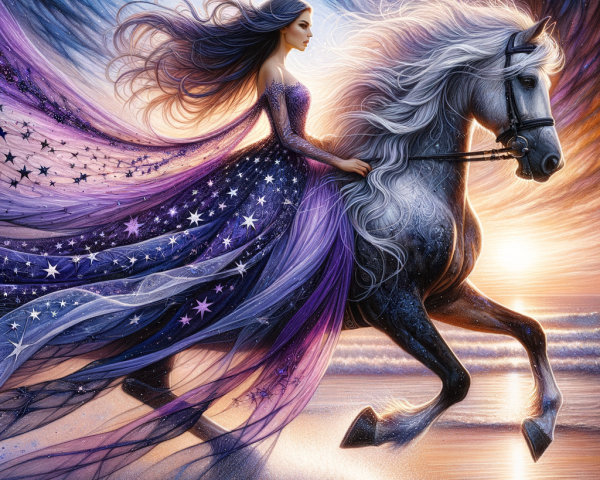 Woman in Starry Gown on Horse at Sunset Beach