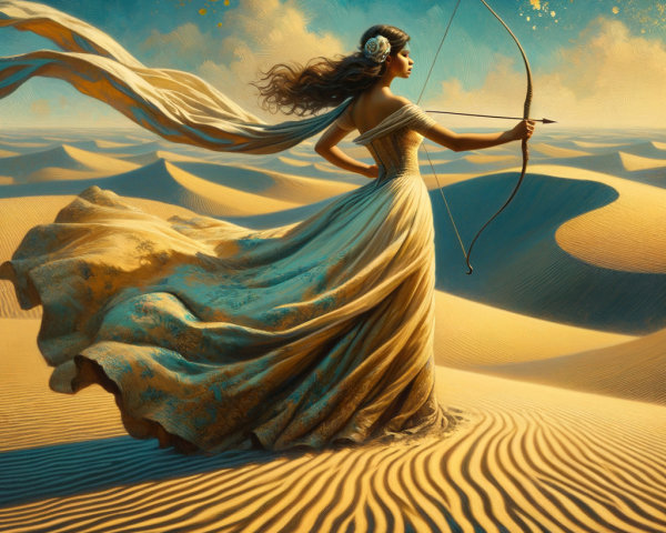 Majestic Figure in Elegant Gown in Desert Landscape
