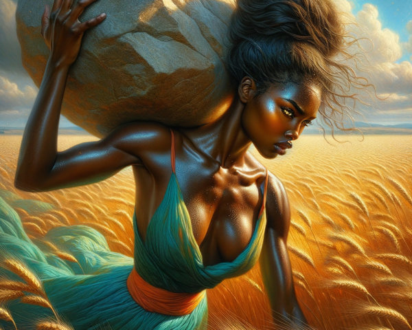 Ethereal Figure with Rock in Wheat Field Landscape