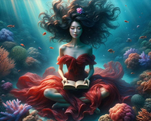 Underwater Scene with Woman in Red Gown and Corals