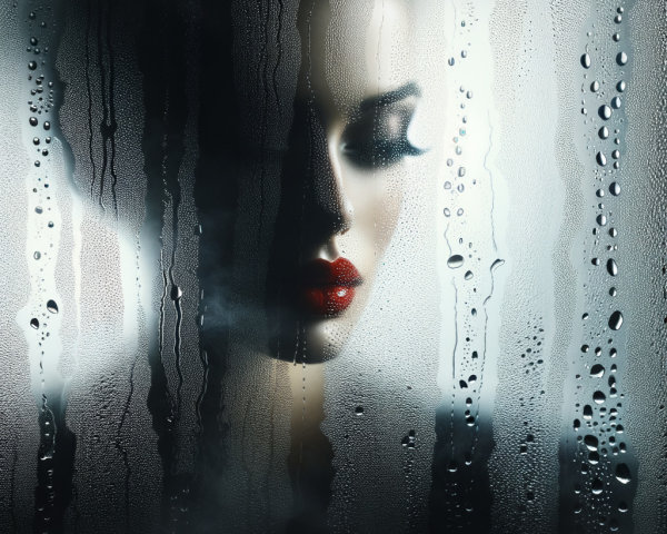 Mysterious Figure Behind Fogged Glass with Water Droplets