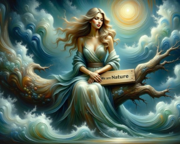 Woman in Ethereal Fabrics on Branch with Nature Sign