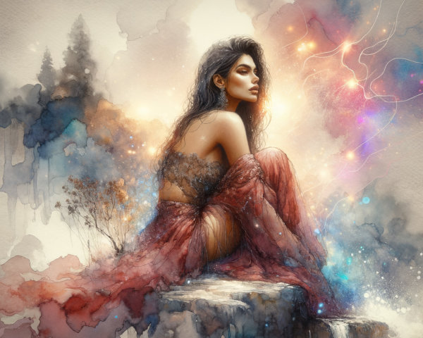 Mystical Figure on Rocky Ledge in Ethereal Landscape