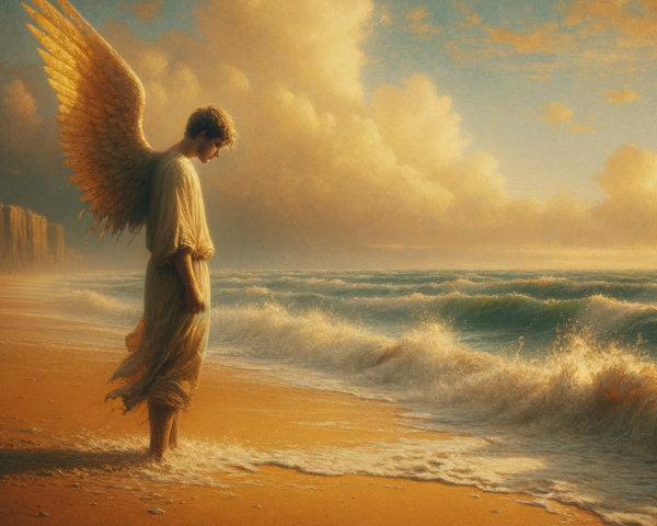 Serene Angel at Water's Edge with Golden Wings