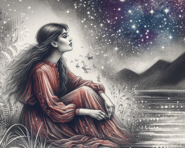 Pencil Sketch of Woman by Serene Night Lake