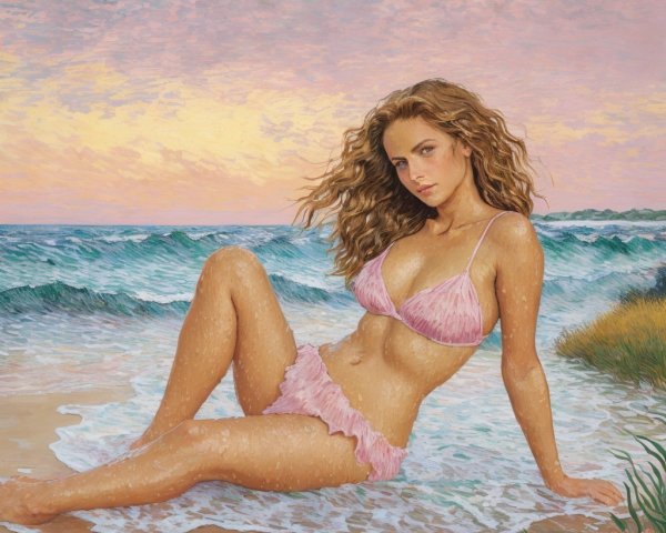 Vibrant Beach Sunset Scene with Woman in Pink Bikini