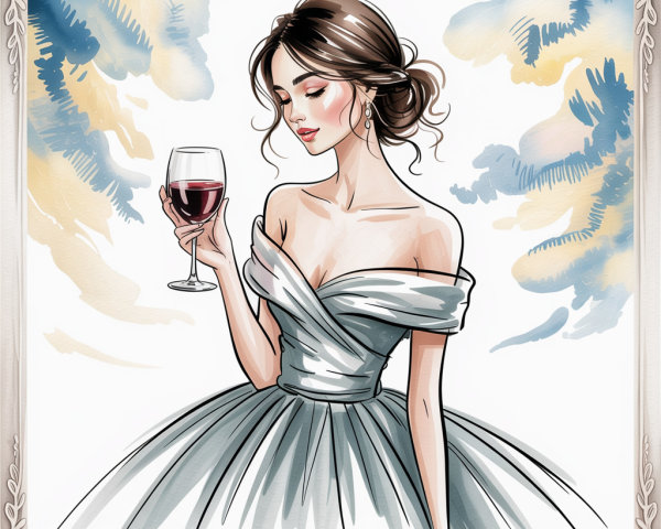 Elegant Woman in Off-Shoulder Gown with Wine Glass