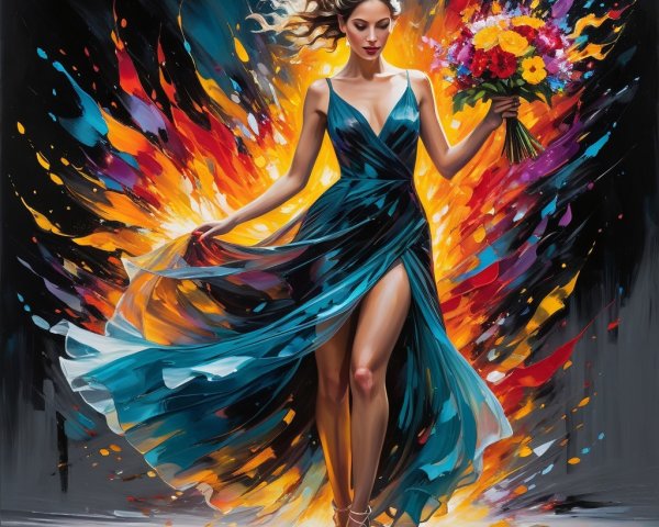 Woman in Teal Gown Against Vibrant Colorful Backdrop