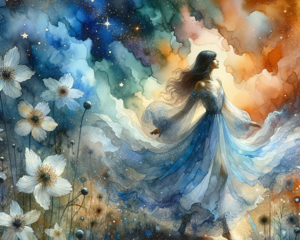 Celestial Scene with Woman in Flowing Blue Garments