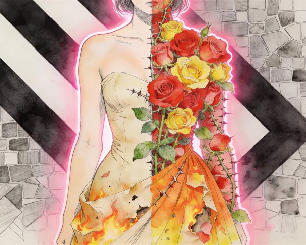 Watercolor Painting of a Woman in Contrasting Styles