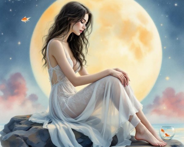 Young Woman in White Gown by Moonlit Water