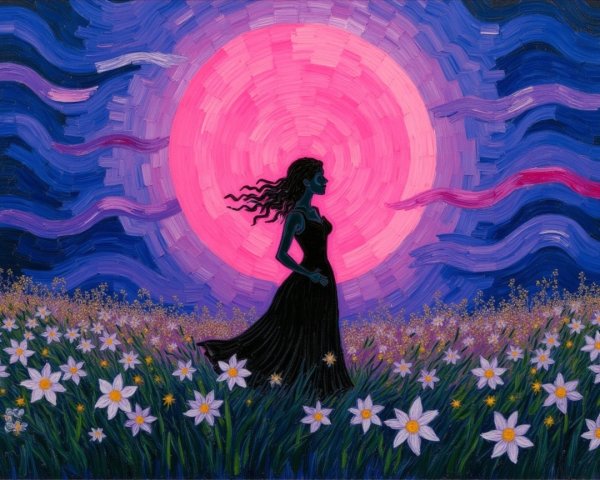 Silhouette of a Woman in a Flower Field at Night
