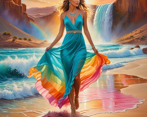 Graceful Figure in Turquoise Gown at Vibrant Beach