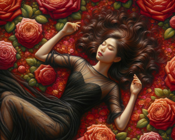 Overhead View of Girl Surrounded by Roses and Gown