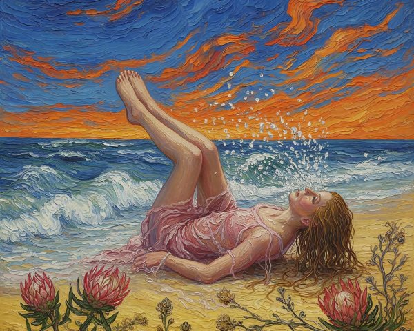 Impasto Painting of a Beach Scene at Sunset