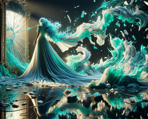 Mystical Scene with Ethereal Gown and Shattered Mirror