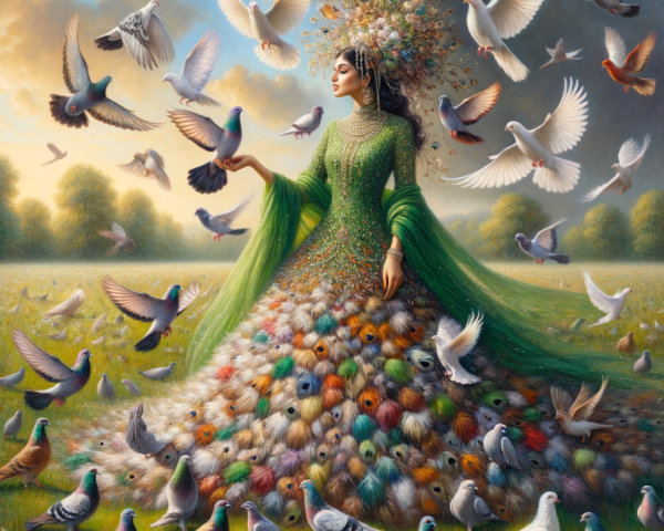 Serene figure in floral gown in a lush meadow