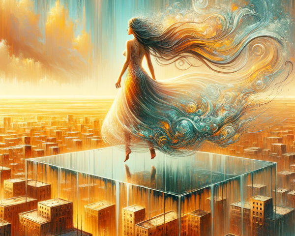 Surreal Figure on Translucent Platform Over Cityscape