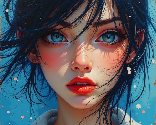 Portrait of a Young Woman with Blue Eyes and Dark Hair