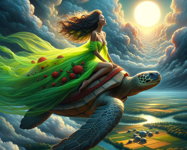 Woman in Green Dress Riding Turtle in Dreamy Landscape