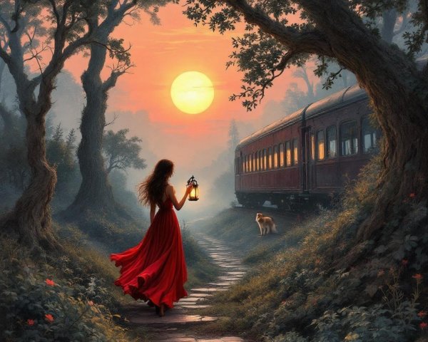 Twilight Scene of Woman in Red Dress with Lantern