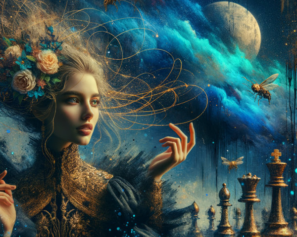 Portrait of a woman with flowers and cosmic background