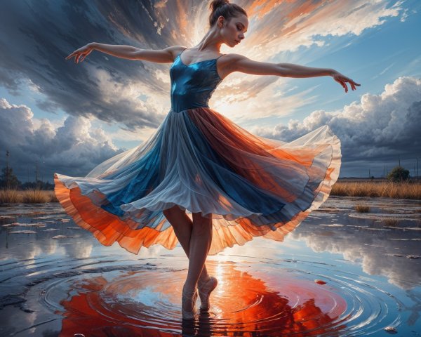 Dancer in Vibrant Dress Against Dramatic Sky