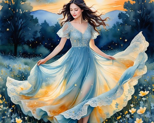 Young Woman in Ethereal Dress Amidst Mystical Landscape