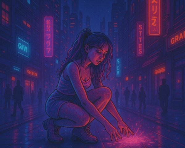 Young woman with glowing hands in neon urban scene