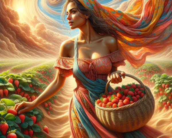 Woman in flowing dress with strawberry basket in fields